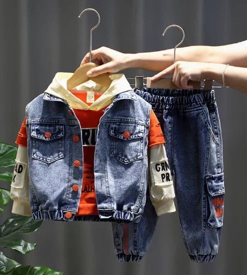 3 Parçalı Erkek Çocuk Kot Takımı Uzun Kollu Ceket Pantolon - MAKKA