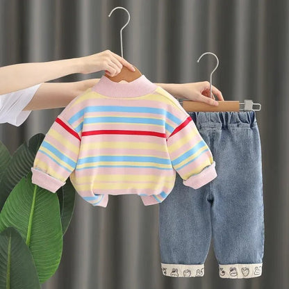 3 Parçalı Unisex Renkli Çizgili Çocuk Takımı Rahat Spor Kombin - MAKKA