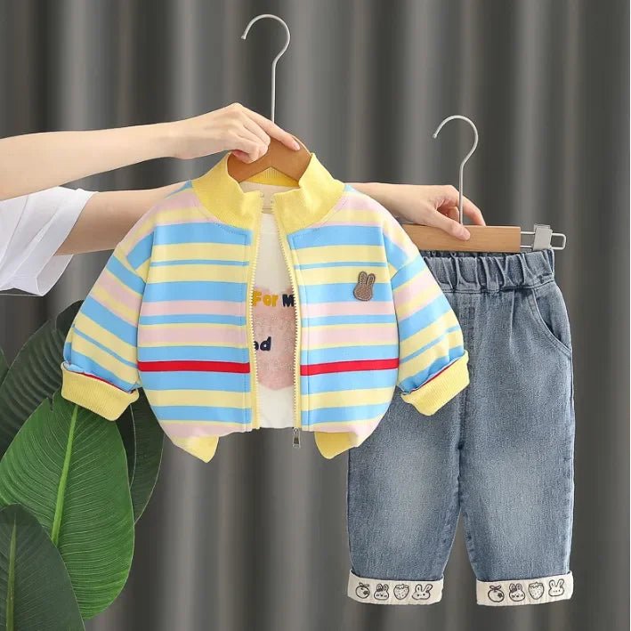 3 Parçalı Unisex Renkli Çizgili Çocuk Takımı Rahat Spor Kombin - MAKKA