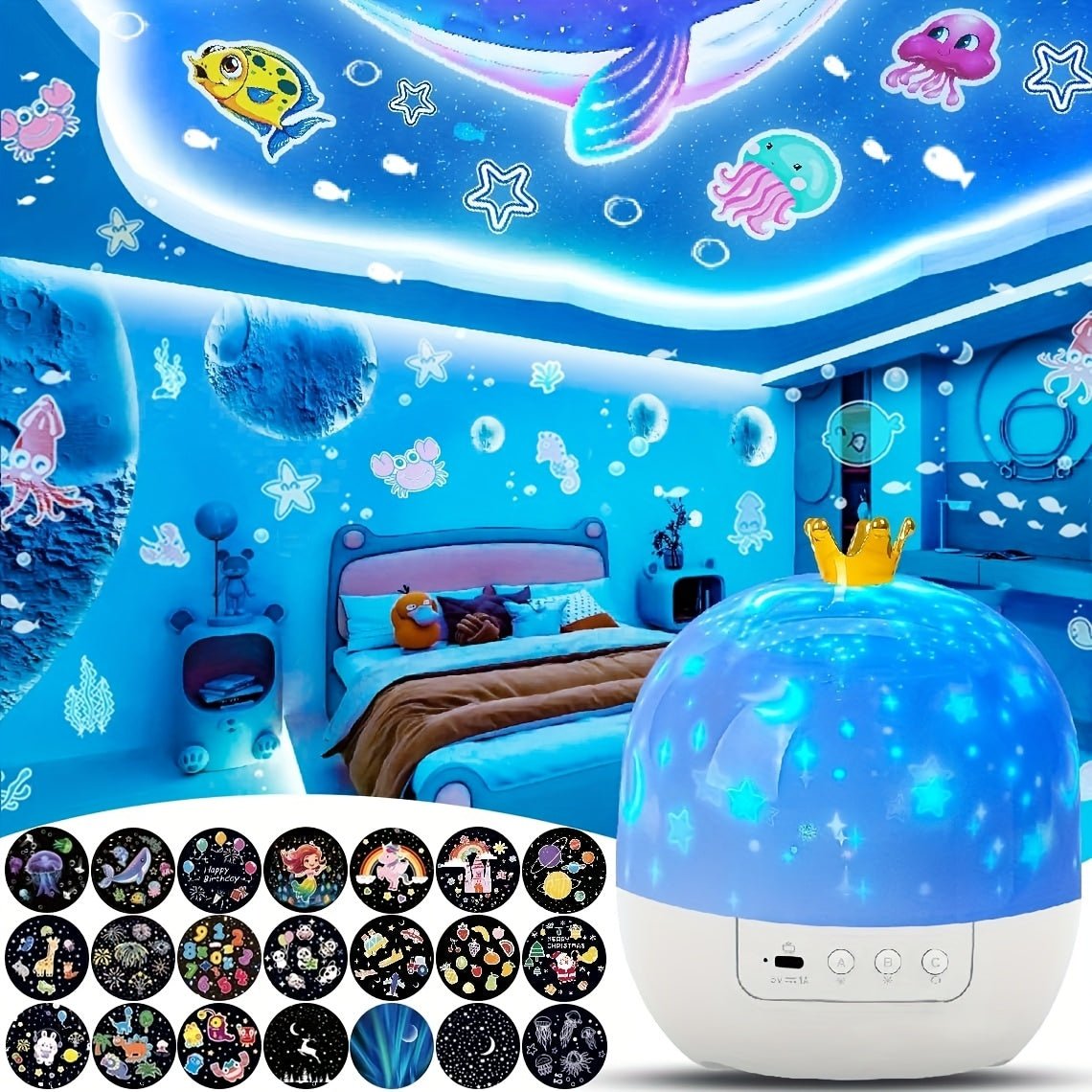 360° Dönen Yıldız Gece Lambası 21 Film Diski Projektör - MAKKA