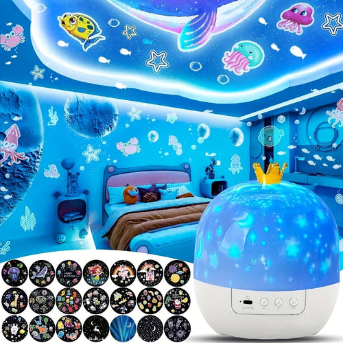 360° Dönen Yıldız Gece Lambası 21 Film Diski Projektör - MAKKA