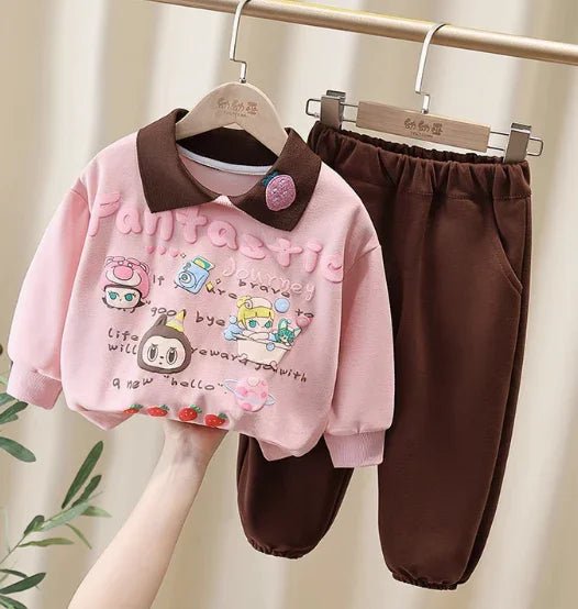 3D Baskılı Pembe Kız Çocuk Takımı Rahat Esnek Pamuklu Set - MAKKA