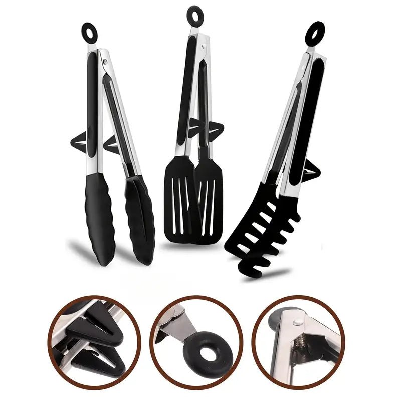 3'lü Isıya Dayanıklı Silikon Mutfak Maşası, Paslanmaz Çelik Şişlerle - MAKKA