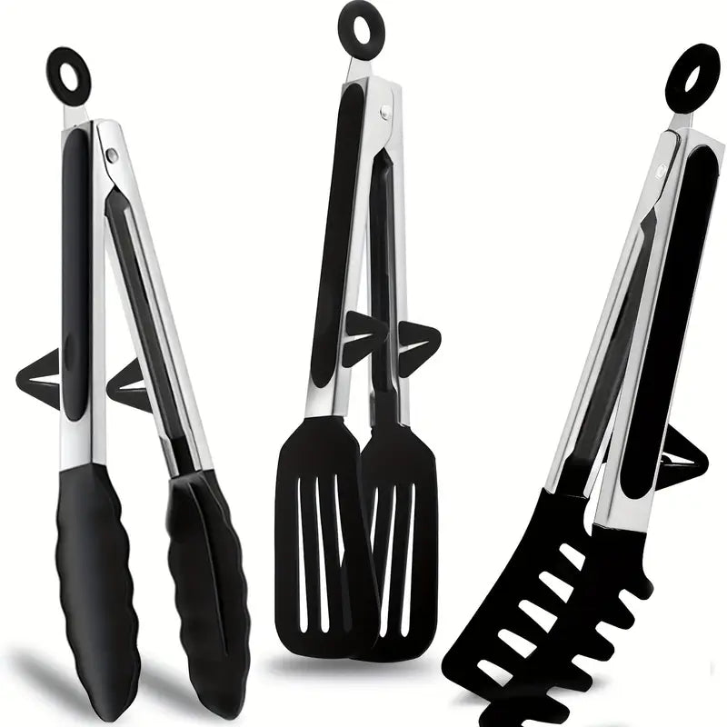 3'lü Isıya Dayanıklı Silikon Mutfak Maşası, Paslanmaz Çelik Şişlerle - MAKKA