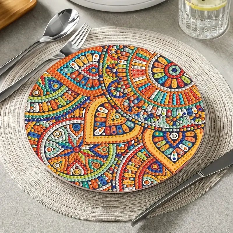 4 Parça Mandala Elmas Boyama Seti Yuvarlak Ahşap Altlık - MAKKA