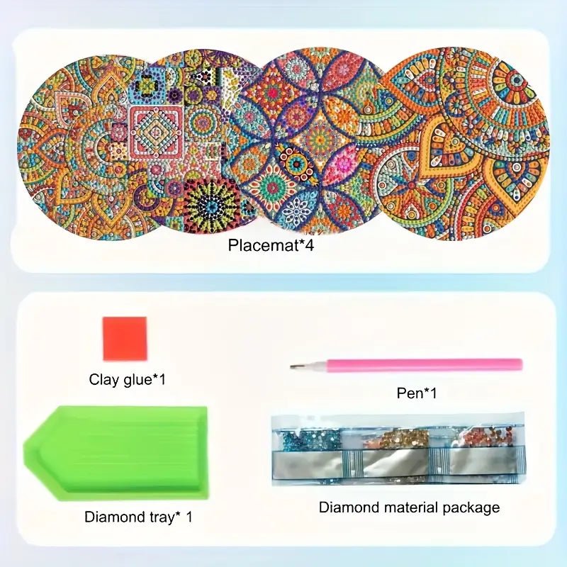 4 Parça Mandala Elmas Boyama Seti Yuvarlak Ahşap Altlık - MAKKA