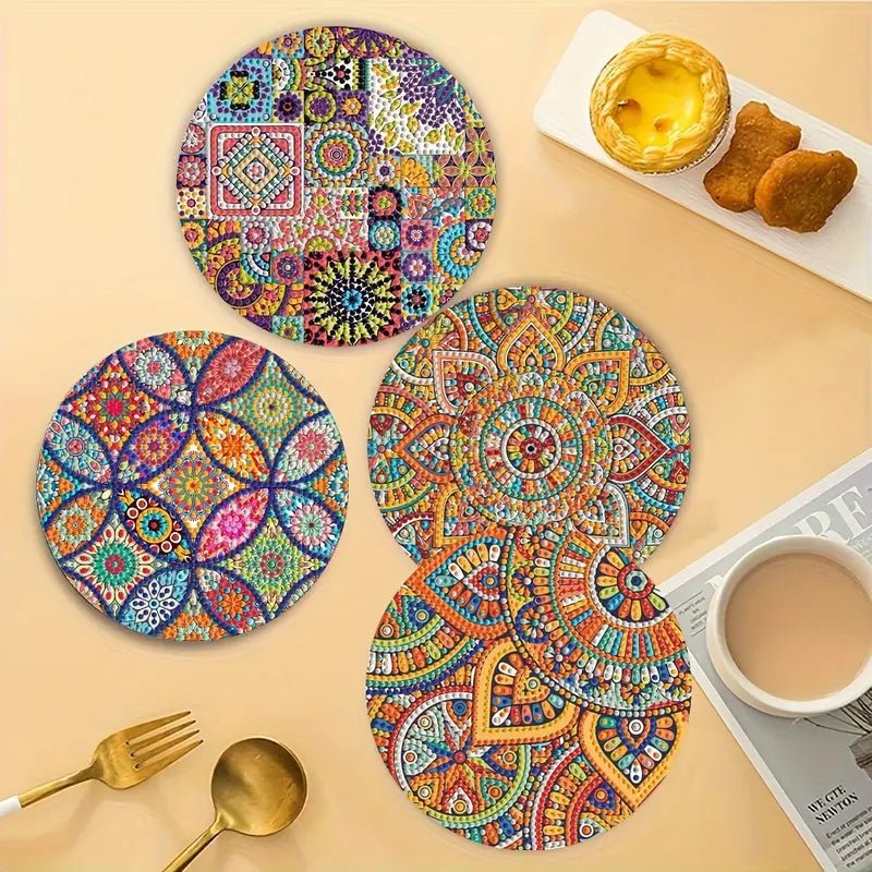 4 Parça Mandala Elmas Boyama Seti Yuvarlak Ahşap Altlık - MAKKA