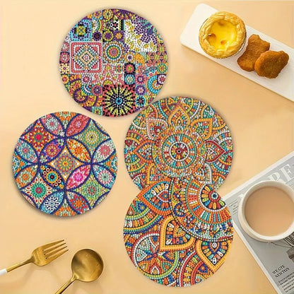4 Parça Mandala Elmas Boyama Seti Yuvarlak Ahşap Altlık - MAKKA