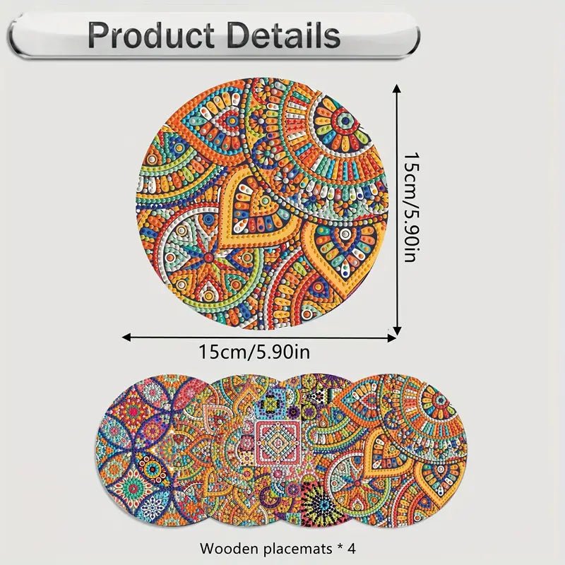 4 Parça Mandala Elmas Boyama Seti Yuvarlak Ahşap Altlık - MAKKA