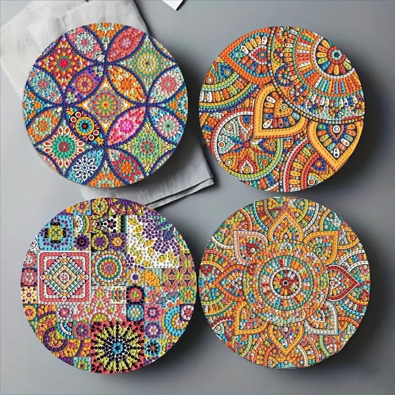 4 Parça Mandala Elmas Boyama Seti Yuvarlak Ahşap Altlık - MAKKA