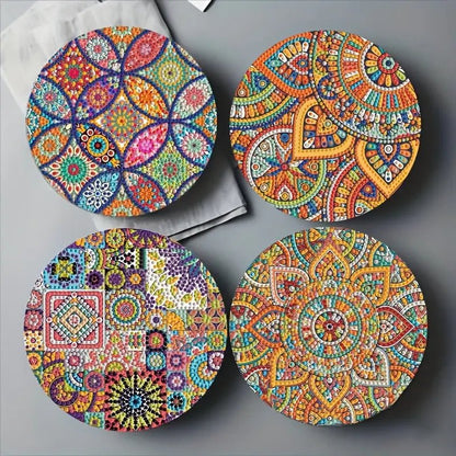 4 Parça Mandala Elmas Boyama Seti Yuvarlak Ahşap Altlık - MAKKA