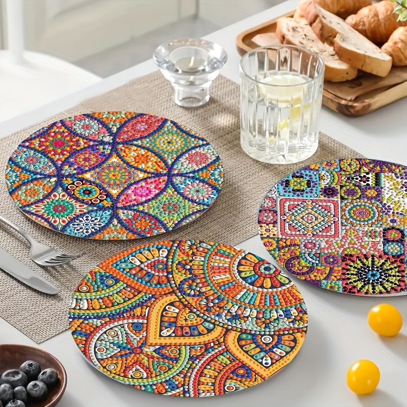 4 Parça Mandala Elmas Boyama Seti Yuvarlak Ahşap Altlık - MAKKA