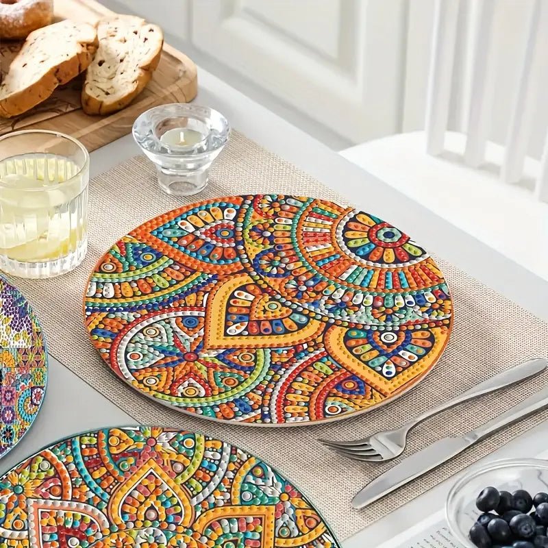 4 Parça Mandala Elmas Boyama Seti Yuvarlak Ahşap Altlık - MAKKA