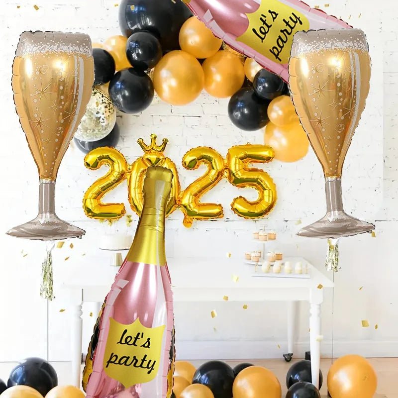 4'lü Gül Altın Şarap Şişesi ve Kadeh Folyo Balon Seti - MAKKA