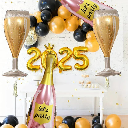 4'lü Gül Altın Şarap Şişesi ve Kadeh Folyo Balon Seti - MAKKA