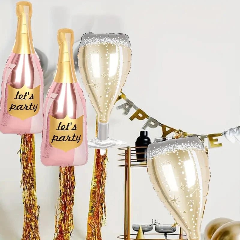 4'lü Gül Altın Şarap Şişesi ve Kadeh Folyo Balon Seti - MAKKA