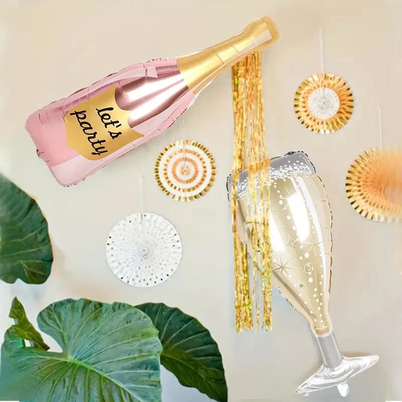 4'lü Gül Altın Şarap Şişesi ve Kadeh Folyo Balon Seti - MAKKA