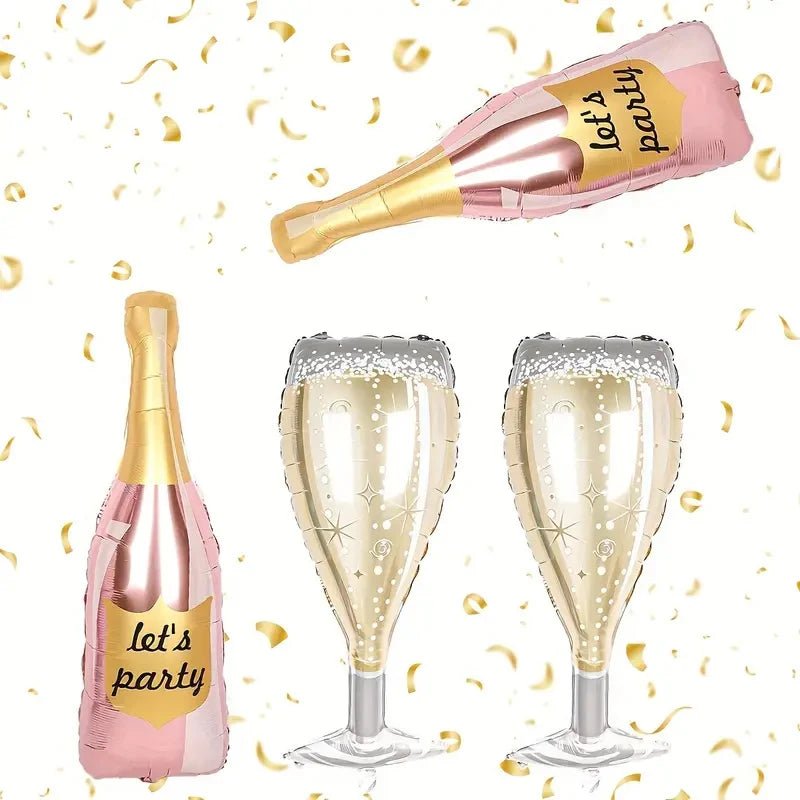 4'lü Gül Altın Şarap Şişesi ve Kadeh Folyo Balon Seti - MAKKA