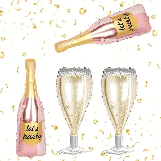 4'lü Gül Altın Şarap Şişesi ve Kadeh Folyo Balon Seti - MAKKA