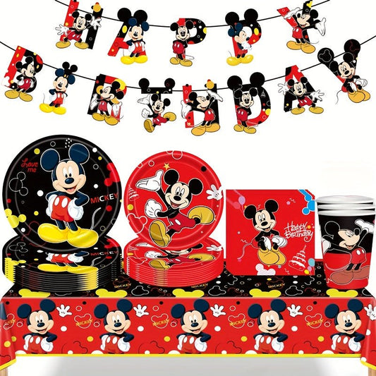 64 Parça Mickey Mouse Temalı Doğum Günü Parti Seti, Tek Kullanımlık Sofra Takımı - MAKKA
