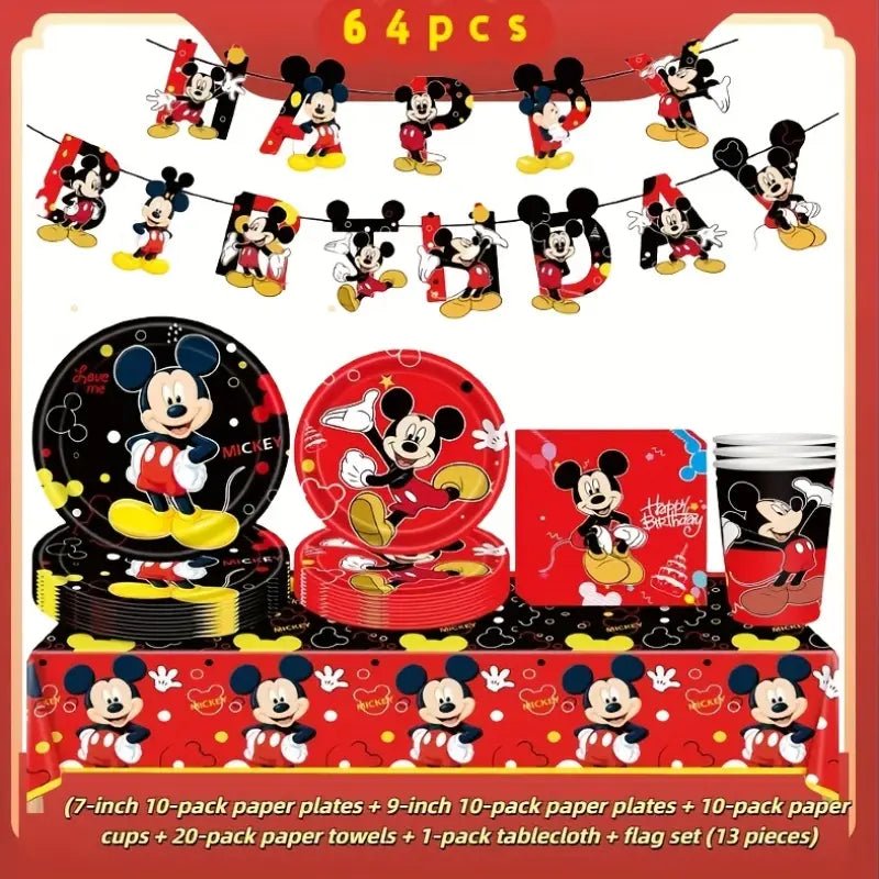 64 Parça Mickey Mouse Temalı Doğum Günü Parti Seti, Tek Kullanımlık Sofra Takımı - MAKKA