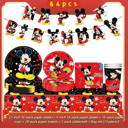 64 Parça Mickey Mouse Temalı Doğum Günü Parti Seti, Tek Kullanımlık Sofra Takımı - MAKKA