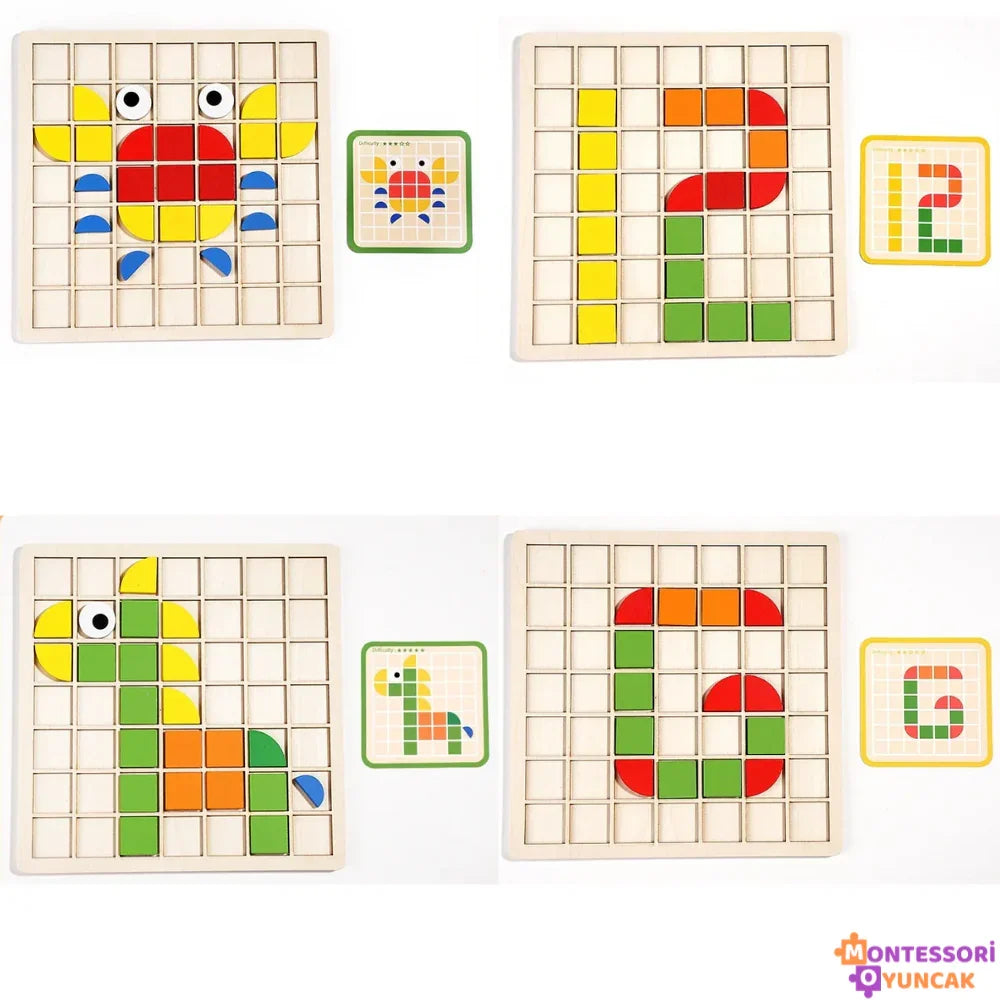 Montessori Ahşap Mozaik Eğitici Bloklar Zeka ve İnce Motor Beceriler - MAKKA