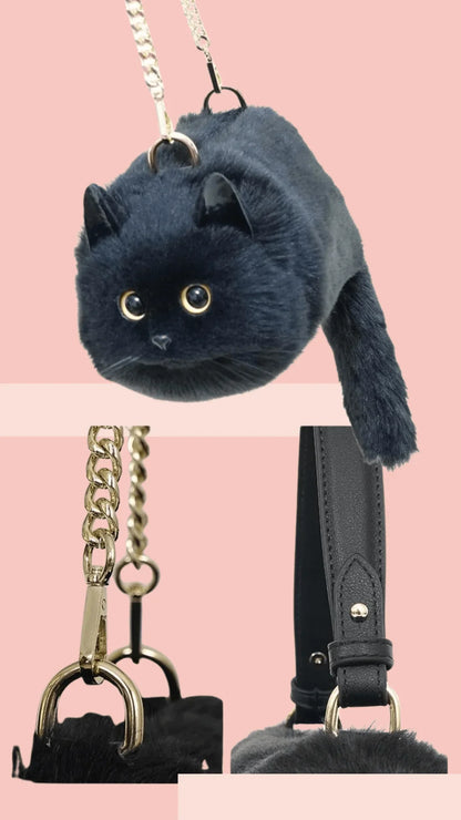 Peluş Kedili Omuz Çantası Gerçekçi Tüylü Tasarım Geniş Hacim