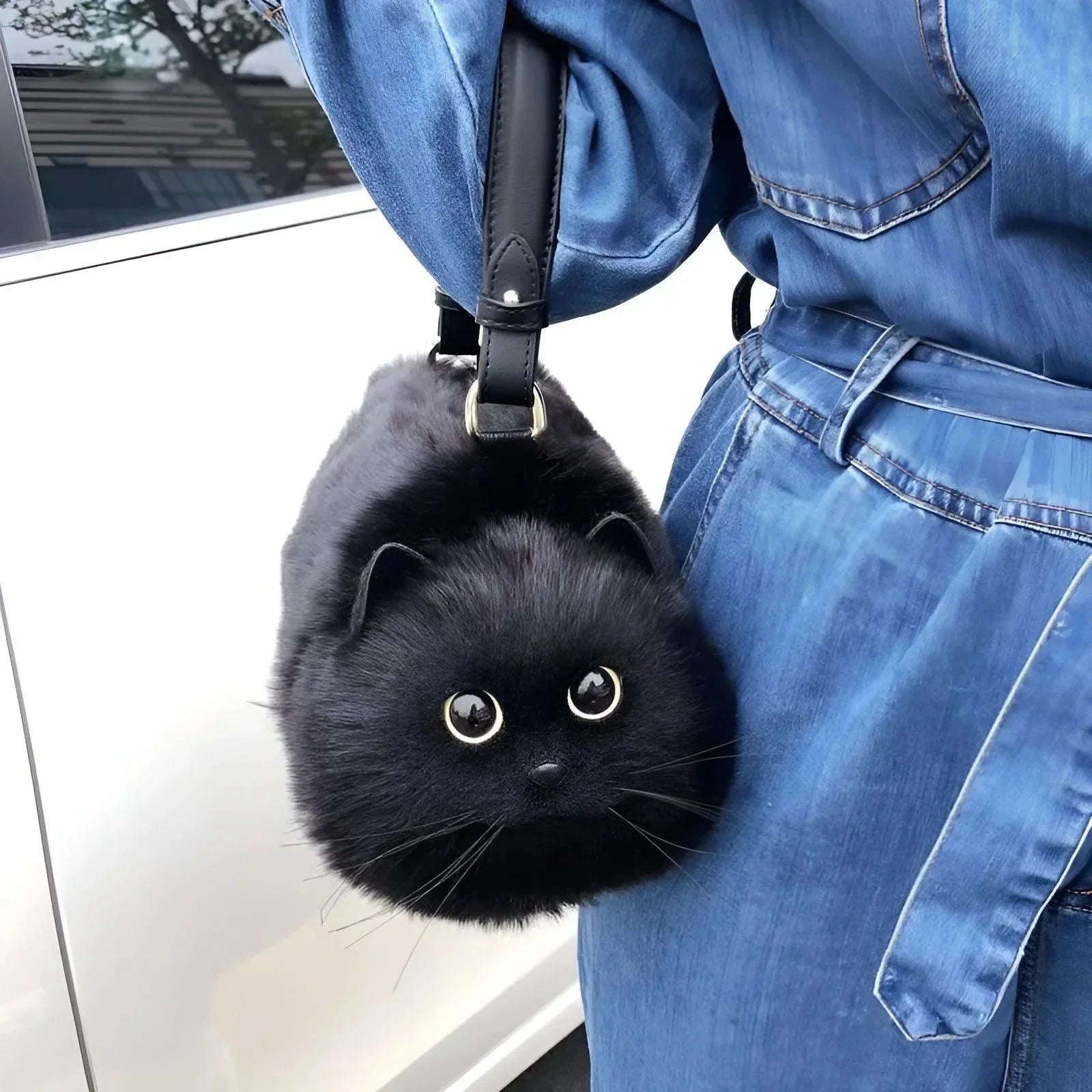 Peluş Kedili Omuz Çantası Gerçekçi Tüylü Tasarım Geniş Hacim