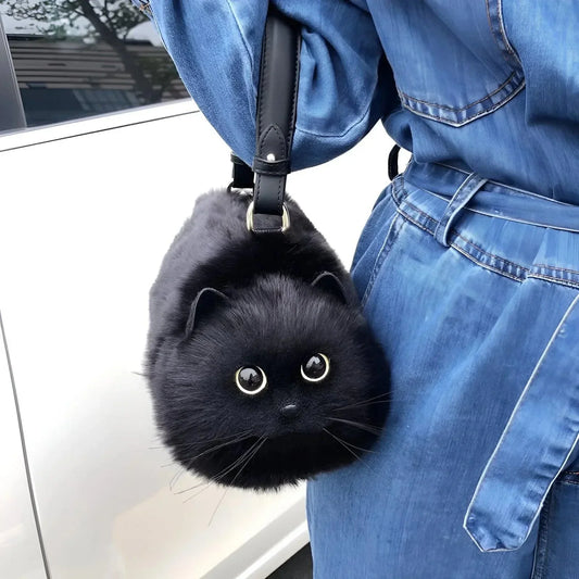 Peluş Kedili Omuz Çantası Gerçekçi Tüylü Tasarım Geniş Hacim