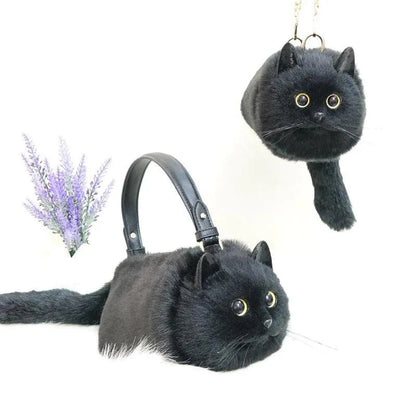 Peluş Kedili Omuz Çantası Gerçekçi Tüylü Tasarım Geniş Hacim