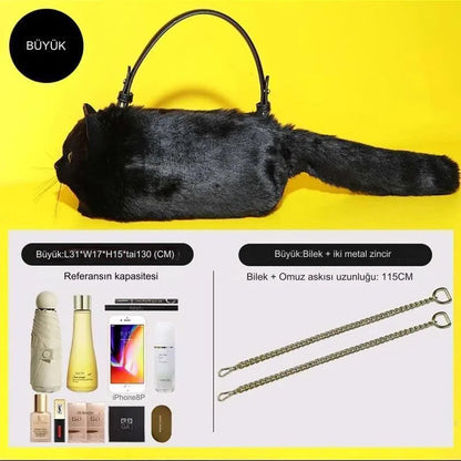 Peluş Kedili Omuz Çantası Gerçekçi Tüylü Tasarım Geniş Hacim