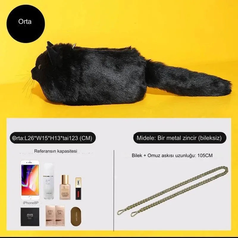 Peluş Kedili Omuz Çantası Gerçekçi Tüylü Tasarım Geniş Hacim