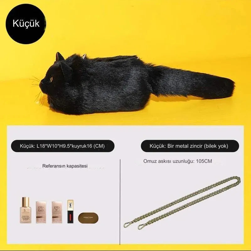 Peluş Kedili Omuz Çantası Gerçekçi Tüylü Tasarım Geniş Hacim