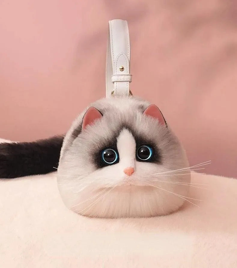 Peluş Kedili Omuz Çantası Gerçekçi Tüylü Tasarım Geniş Hacim