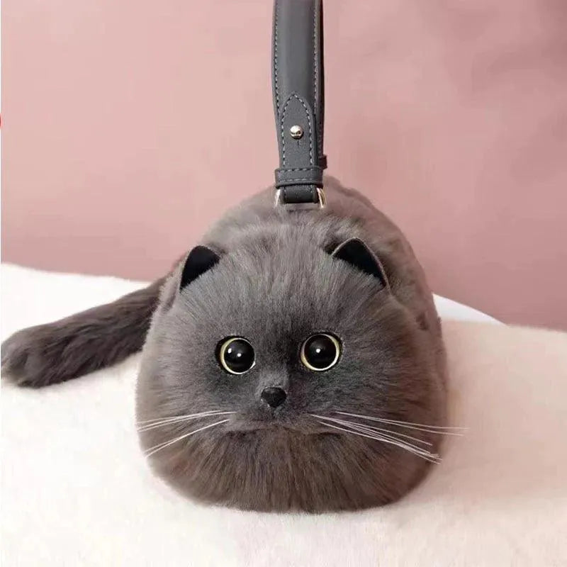 Peluş Kedili Omuz Çantası Gerçekçi Tüylü Tasarım Geniş Hacim