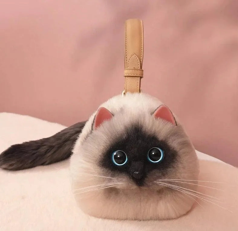 Peluş Kedili Omuz Çantası Gerçekçi Tüylü Tasarım Geniş Hacim