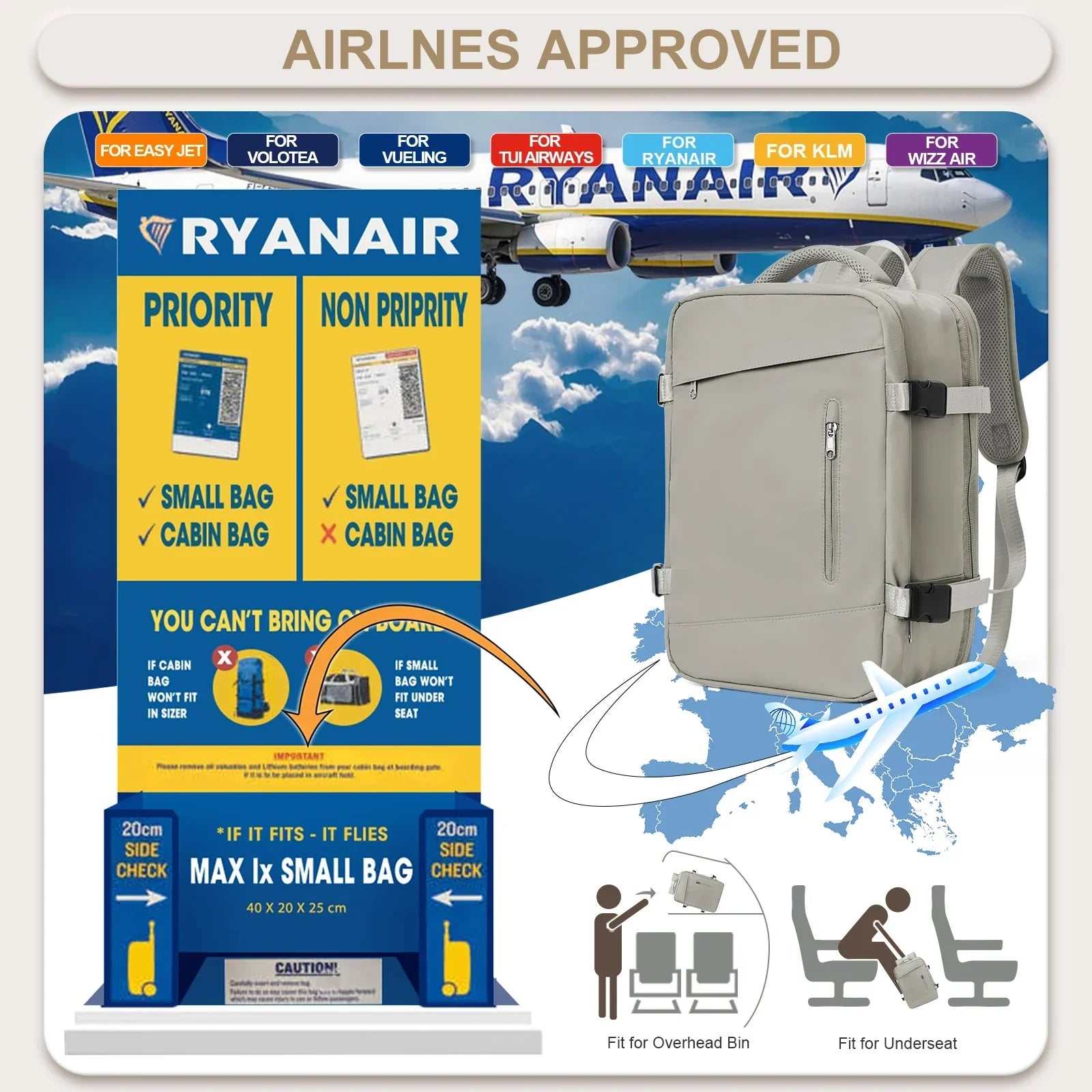 Ryanair Onaylı LK Kabin Seyahat Sırt Çantası Genişleyebilir Anti-hırsız Laptop Bölmeli Unisex - MAKKA