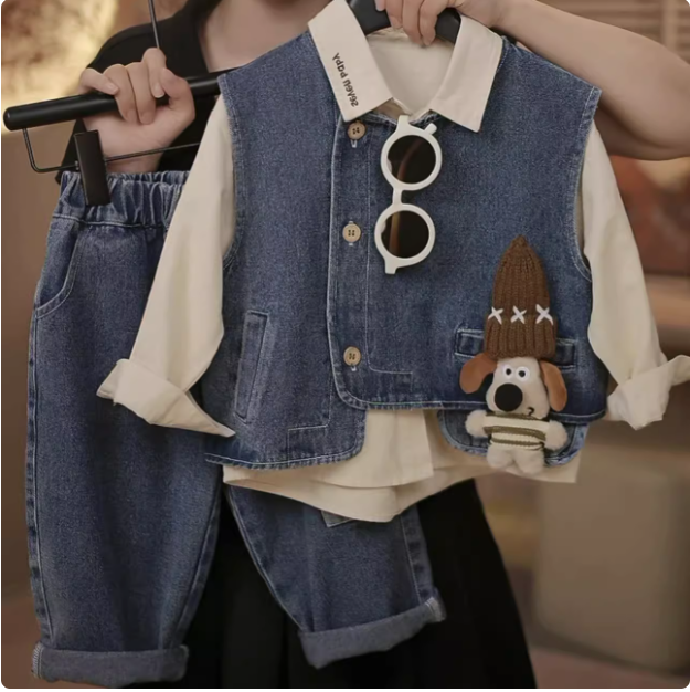 Unisex Çocuk Kot 3 Parça Takım - Gömlek Pantolon Yelek