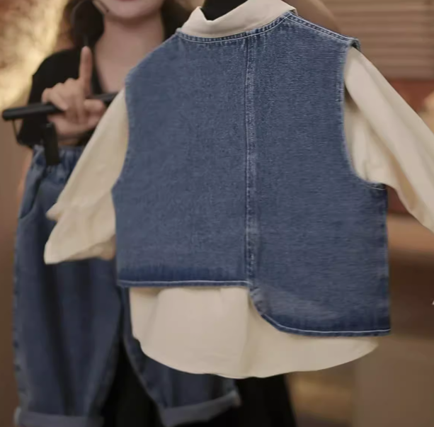 Unisex Çocuk Kot 3 Parça Takım - Gömlek Pantolon Yelek