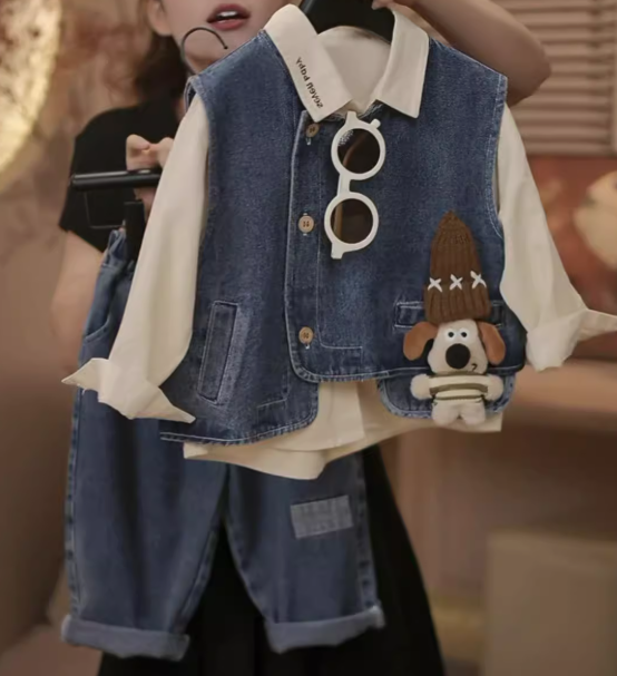 Unisex Çocuk Kot 3 Parça Takım - Gömlek Pantolon Yelek