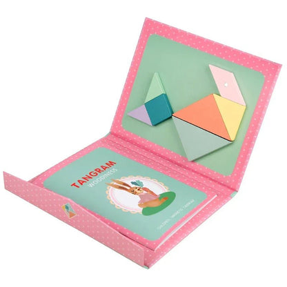 Ahşap Manyetik Tangram Yapboz Kitabı Montessori Taşınabilir Eğitici Oyuncak - MAKKA