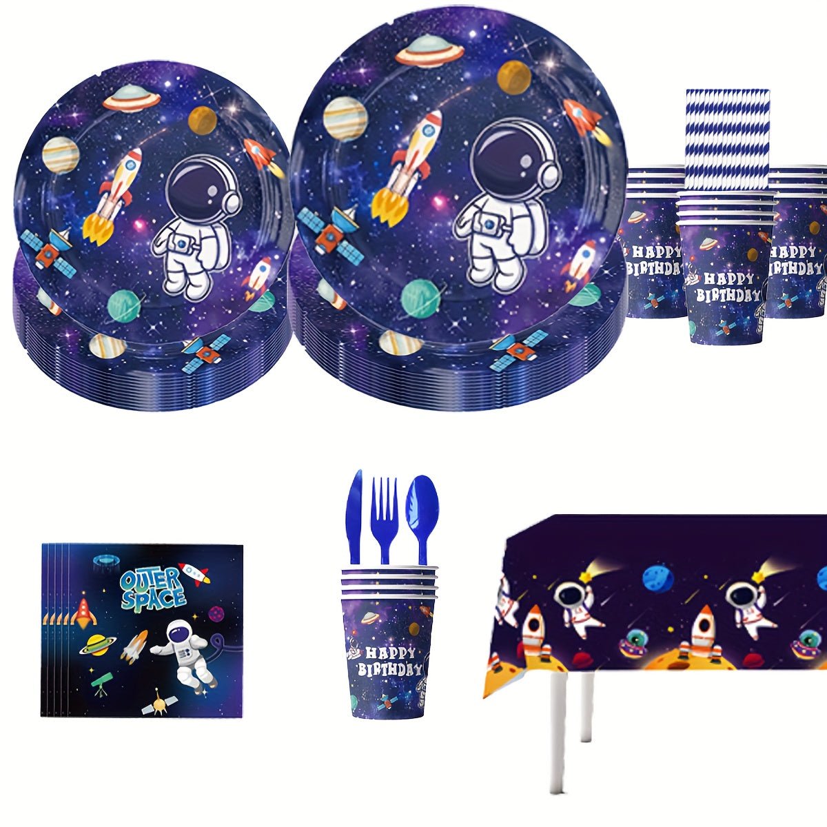 Astronot Temalı 161 Parça Parti Seti - Tabak, Bardak, Çatal - MAKKA