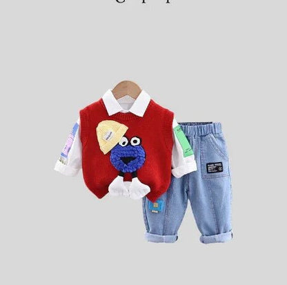 Ayıcık Desenli 3 Parça Çocuk Takım – Sweat, Kot Pantolon, Gömlek - MAKKA