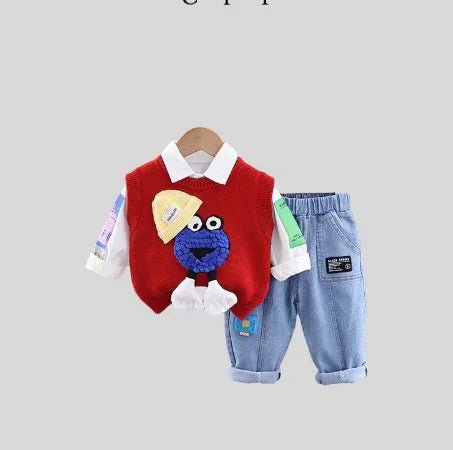 Ayıcık Desenli 3 Parça Çocuk Takım – Sweat, Kot Pantolon, Gömlek - MAKKA