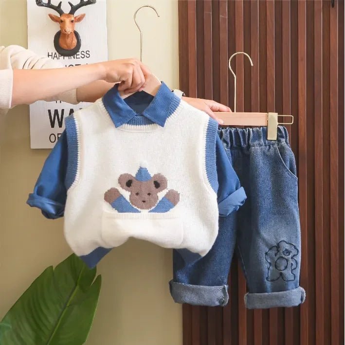 Ayıcık İşlemeli Mavi 3 Parça Erkek Çocuk Takımı 1–5 Yaş - MAKKA