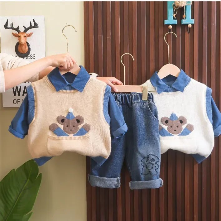 Ayıcık İşlemeli Mavi 3 Parça Erkek Çocuk Takımı 1–5 Yaş - MAKKA