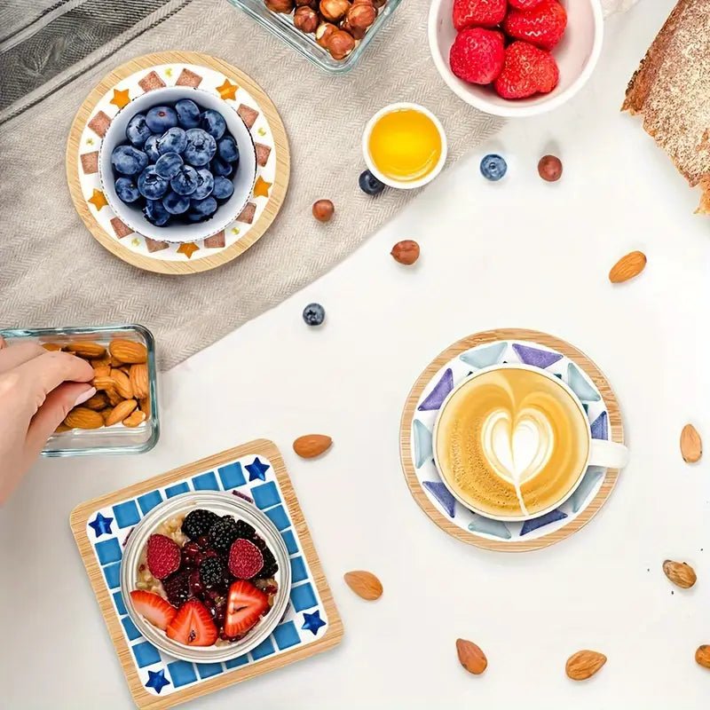 Bambu Tabanlı Vitray Mozaik Bardak Altlıkları Seti 4 Parça - MAKKA