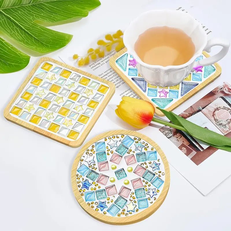 Bambu Tabanlı Vitray Mozaik Bardak Altlıkları Seti 4 Parça - MAKKA