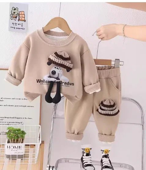 Bej 3D Baskılı Uzun Kollu Erkek Çocuk Takımı 1 - 5 Yaş - MAKKA